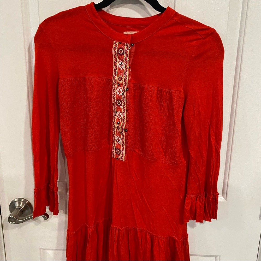 Free People Medium Orange Autumn Embroidered Morning Light Ruffle Tunic Top